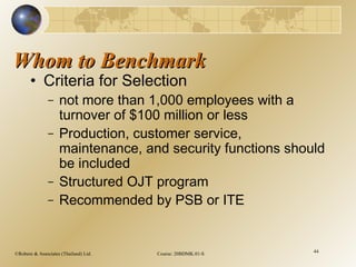 ©Robere & Associates (Thailand) Ltd. Course: 20BDMK.01-S 44
Whom to BenchmarkWhom to Benchmark
• Criteria for Selection
– not more than 1,000 employees with a
turnover of $100 million or less
– Production, customer service,
maintenance, and security functions should
be included
– Structured OJT program
– Recommended by PSB or ITE
 