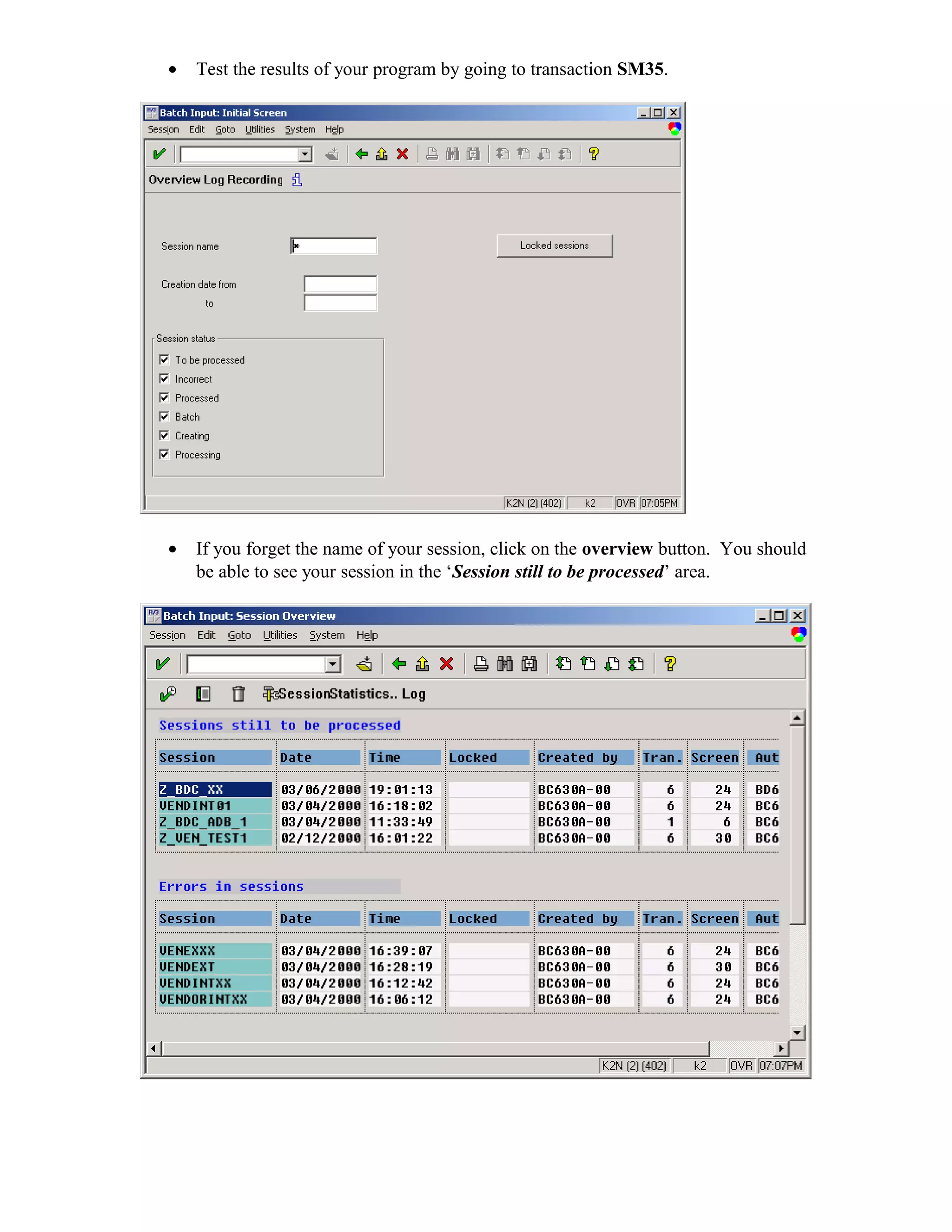 •   Test the results of your program by going to transaction SM35.




•   If you forget the name of your session, click on the overview button. You should
    be able to see your session in the ‘Session still to be processed’ area.
 