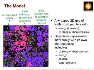Using Agent-Based Simulation for socio-ecological uncertainty analysis, Bruce Edmonds, BDC Seminar, MMU, Oct 2018. slide 11
The Model
• A wrapped 2D grid of
well-mixed patches with:
– energy (transient)
– bit string of characteristics
• Organisms represented
individually with its own
characteristics,
including:
– bit string of characteristics
– energy
– position
– stats recorders
A well-mixed
patch
Each
individual
represented
separately
Slow
random rate
of migration
between
patches
 