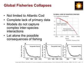 Using Agent-Based Simulation for socio-ecological uncertainty analysis, Bruce Edmonds, BDC Seminar, MMU, Oct 2018. slide 27
Global Fisheries Collapses
• Not limited to Atlantic Cod
• Complete lack of primary data
• Models do not capture
complex inter-species
interactions
• Let alone the possible
consequences of fishing
 