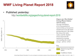 Using Agent-Based Simulation for socio-ecological uncertainty analysis, Bruce Edmonds, BDC Seminar, MMU, Oct 2018. slide 3
WWF Living Planet Report 2018
• Published yesterday:
http://worldwildlife.org/pages/living-planet-report-2018
• Reported a world-wide -50% to -67% decrease in
vertebrate abundance since 1970
• Based on monitoring/estimates numbers of 16,700
species around the world
 
