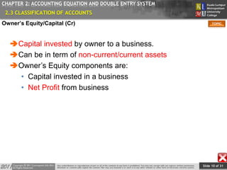 Slide 10 of 31
TOPIC
CHAPTER 2: ACCOUNTING EQUATION AND DOUBLE ENTRY SYSTEM
Capital invested by owner to a business.
Can be in term of non-current/current assets
Owner’s Equity components are:
• Capital invested in a business
• Net Profit from business
2.3 CLASSIFICATION OF ACCOUNTS
Owner’s Equity/Capital (Cr)
 