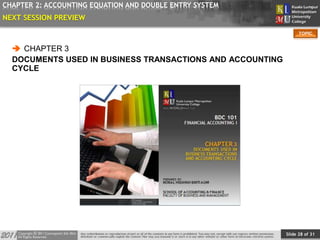 Slide 28 of 31
TOPIC
CHAPTER 2: ACCOUNTING EQUATION AND DOUBLE ENTRY SYSTEM
NEXT SESSION PREVIEW
 CHAPTER 3
DOCUMENTS USED IN BUSINESS TRANSACTIONS AND ACCOUNTING
CYCLE
 
