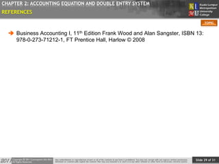Slide 29 of 31
TOPIC
CHAPTER 2: ACCOUNTING EQUATION AND DOUBLE ENTRY SYSTEM
REFERENCES
 Business Accounting I, 11th Edition Frank Wood and Alan Sangster, ISBN 13:
978-0-273-71212-1, FT Prentice Hall, Harlow © 2008
 