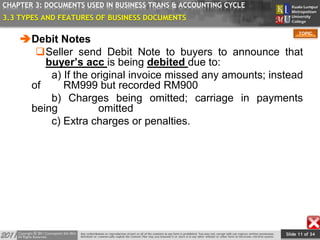 Slide 11 of 34
TOPIC
CHAPTER 3: DOCUMENTS USED IN BUSINESS TRANS & ACCOUNTING CYCLE
3.3 TYPES AND FEATURES OF BUSINESS DOCUMENTS
Debit Notes
Seller send Debit Note to buyers to announce that
buyer’s acc is being debited due to:
a) If the original invoice missed any amounts; instead
of RM999 but recorded RM900
b) Charges being omitted; carriage in payments
being omitted
c) Extra charges or penalties.
 