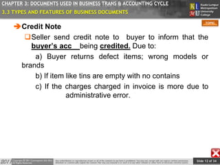 Slide 12 of 34
TOPIC
CHAPTER 3: DOCUMENTS USED IN BUSINESS TRANS & ACCOUNTING CYCLE
3.3 TYPES AND FEATURES OF BUSINESS DOCUMENTS
Credit Note
Seller send credit note to buyer to inform that the
buyer’s acc being credited. Due to:
a) Buyer returns defect items; wrong models or
brands
b) If item like tins are empty with no contains
c) If the charges charged in invoice is more due to
administrative error.
 