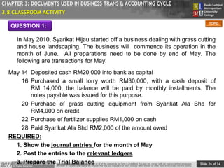 Slide 26 of 34
TOPIC
CHAPTER 3: DOCUMENTS USED IN BUSINESS TRANS & ACCOUNTING CYCLE
In May 2010, Syarikat Hijau started off a business dealing with grass cutting
and house landscaping. The business will commence its operation in the
month of June. All preparations need to be done by end of May. The
following are transactions for May:
May 14 Deposited cash RM20,000 into bank as capital
16 Purchased a small lorry worth RM30,000, with a cash deposit of
RM 14,000, the balance will be paid by monthly installments. The
notes payable was issued for this purpose.
20 Purchase of grass cutting equipment from Syarikat Ala Bhd for
RM4,000 on credit
22 Purchase of fertilizer supplies RM1,000 on cash
28 Paid Syarikat Ala Bhd RM2,000 of the amount owed
REQUIRED:
1. Show the journal entries for the month of May
2. Post the entries to the relevant ledgers
3. Prepare the Trial Balance
QUESTION 1:
3.8 CLASSROOM ACTIVITY
 