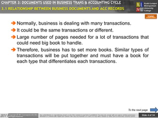 Slide 4 of 34
TOPIC
CHAPTER 3: DOCUMENTS USED IN BUSINESS TRANS & ACCOUNTING CYCLE
3.1 RELATIONSHIP BETWEEN BUSINESS DOCUMENTS AND ACC RECORDS
Normally, business is dealing with many transactions.
It could be the same transactions or different.
Large number of pages needed for a lot of transactions that
could need big book to handle.
Therefore, business has to set more books. Similar types of
transactions will be put together and must have a book for
each type that differentiates each transactions.
TOPIC
To the next page
 
