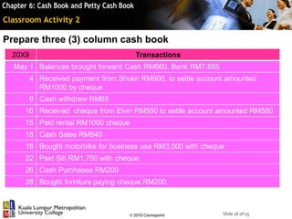 Slide 16 of 15© 2010 Cosmopoint
Classroom Activity 2
Prepare three (3) column cash book
20X9 Transactions
May 1 Balances brought forward Cash RM660, Bank RM7,855
4 Received payment from Shukri RM900, to settle account amounted
RM1000 by cheque
9 Cash withdrew RM65
10 Received cheque from Elvin RM550 to settle account amounted RM580
15 Paid rental RM1000 cheque
18 Cash Sales RM840
18 Bought motorbike for business use RM3,000 with cheque
22 Paid Siti RM1,750 with cheque
26 Cash Purchases RM200
28 Bought furniture paying cheque RM200
 