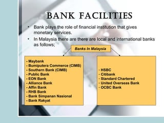 BANK fAcilities
• Bank plays the role of financial institution that gives
monetary services.
• In Malaysia there are there are local and international banks
as follows;
Banks In Malaysia
- Maybank
- Bumiputera Commerce (CIMB)
- Southern Bank (CIMB)
- Public Bank
- EON Bank
- Alliance Bank
- Affin Bank
- RHB Bank
- Bank Simpanan Nasional
- Bank Rakyat
- HSBC
- Citibank
- Standard Chartered
- United Overseas Bank
- OCBC Bank
 