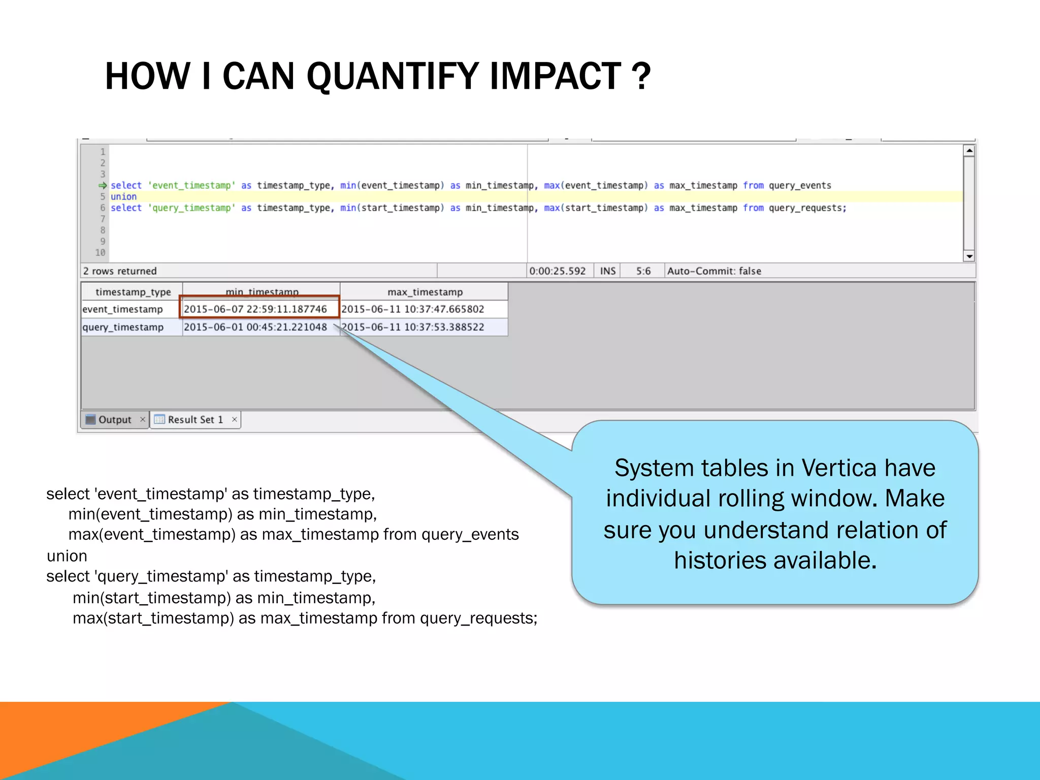 HOW I CAN QUANTIFY IMPACT ?
select 'event_timestamp' as timestamp_type,
min(event_timestamp) as min_timestamp,
max(event_timestamp) as max_timestamp from query_events
union
select 'query_timestamp' as timestamp_type,
min(start_timestamp) as min_timestamp,
max(start_timestamp) as max_timestamp from query_requests;
System tables in Vertica have
individual rolling window. Make
sure you understand relation of
histories available.
 