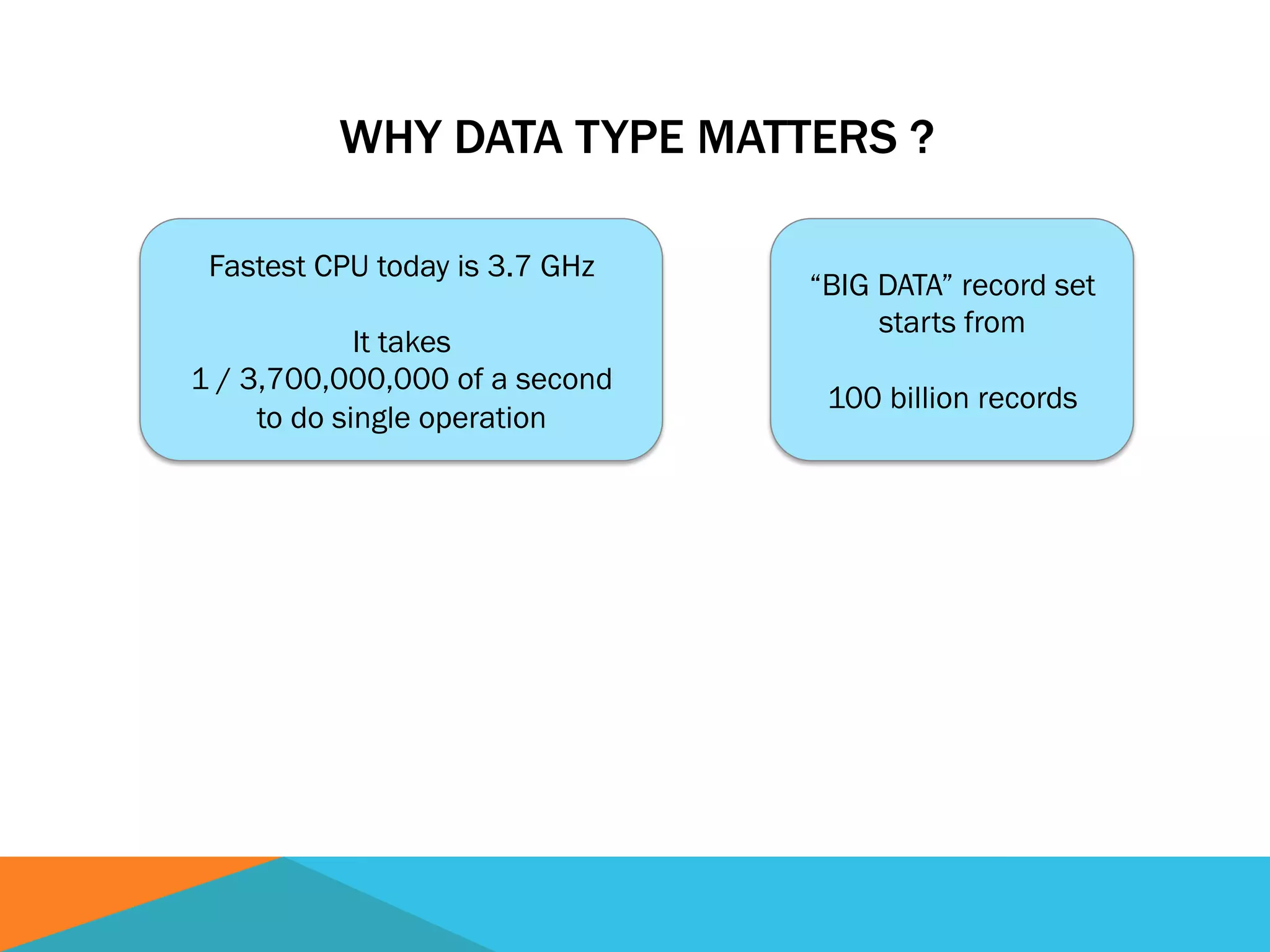 WHY DATA TYPE MATTERS ?
Fastest CPU today is 3.7 GHz
It takes
1 / 3,700,000,000 of a second
to do single operation
“BIG DATA” record set
starts from
100 billion records
 
