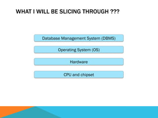 WHAT I WILL BE SLICING THROUGH ???
CPU and chipset
Hardware
Operating System (OS)
Database Management System (DBMS)
 