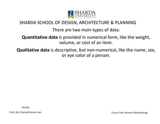 SHARDA SCHOOL OF DESIGN, ARCHITECTURE & PLANNING
Faculty
Prof. (Ar.) Pramod Kumar Jain
There are two main types of data:
Q...