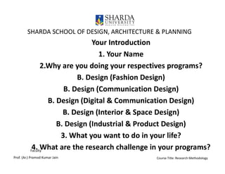 SHARDA SCHOOL OF DESIGN, ARCHITECTURE & PLANNING
Faculty
Prof. (Ar.) Pramod Kumar Jain
Your Introduction
1. Your Name
2.Wh...
