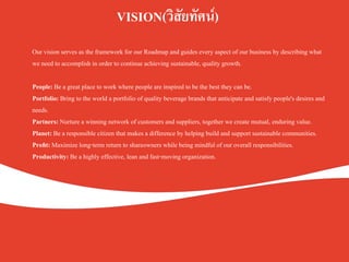 Our vision serves as the framework for our Roadmap and guides every aspect of our business by describing what
we need to accomplish in order to continue achieving sustainable, quality growth.K
K
People: Be a great place to work where people are inspired to be the best they can be.K
Portfolio: Bring to the world a portfolio of quality beverage brands that anticipate and satisfy people's desires and
needs.K
Partners: Nurture a winning network of customers and suppliers, together we create mutual, enduring value.K
Planet: Be a responsible citizen that makes a difference by helping build and support sustainable communities.K
Proﬁt: Maximize long-term return to shareowners while being mindful of our overall responsibilities.K
Productivity: Be a highly effective, lean and fast-moving organization.K
	
VISION(วิสัยทัศน์).
 