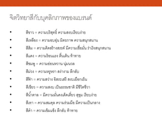 จิตวิทยาสีกับบุคลิกภาพของแบรนด์
• สีขาว = ความบริสุทธิ์ ความสงบเรียบง่าย
• สีเหลือง = ความอบอุ่น มิตรภาพ ความสนุกสนาน
• สีส้ม = ความคิดสร้างสรรค์ มีความเชื่อมั่น ร่าเริงสนุกสนาน
• สีแดง = ความร้อนแรง ตื่นเต้น ท้าทาย
• สีชมพู = ความอ่อนหวาน นุ่มนวล
• สีม่วง = ความหรูหรา สง่างาม ลึกลับ
• สีฟ้ า = ความสว่าง อิสระเสรี สงบเยือกเย็น
• สีเขียว = ความสงบ เป็นธรรมชาติ มีชีวิตชีวา
• สีนํ้าตาล = มีความมั่นคงเด็ดเดี่ยว สุขุม เรียบง่าย
• สีเทา = ความสมดุล ความร่วมมือ มีความเป็นกลาง
• สีดํา = ความเข้มแข็ง ลึกลับ ท้าทาย
 