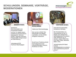 MODERATIONEN
Symposium
Wie wirtschaftlich sind
Erneuerbare Energien
mit Prof. Dr. Walther (ehem.
Chefökonom Deutsche Bank),
Solarpapst Dr. Hermann
Scheer, Johannes Lackmann,
Präsident BEE, Bürgermeister
der Stadt Marburg.
Jahrestagung ECR
Fachforum Nachhaltigkeit
…
VORTRÄGE (D/GB/I)
International Sustainability
Conference, Nürnberg
Die Charakteristiken von
Greenwashing und die 10
Regeln einer erfolgreichen
Nachhaltigkeitskommunikation
(246 Teilnehmer aus 14
Ländern; weitere Referenten:
Prof. Klaus Töpfer, Alexander
Müller, FAO)
Jahreskongress EHI Retail
Institute
Nachhaltigkeitskommunikation –
durch Verantwortung Zukunft
sichern“
SEMINARE /
SCHULUNGEN
Heilbronner Weinmarketingtag
Wer sind die LOHAS? Wie
Weinhändler neue Märkte
erschließen und die LOHAS
erfolgreich ansprechen
BurdaYukom Publishing GmbH
Nachhaltigkeitsberichte:
Herausforderungen Chancen,
Richtlinien & Trends
…
SCHULUNGEN, SEMINARE, VORTRÄGE,
MODERATIONEN
 