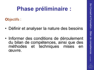 Soi Conseil et Formation – Bilan de compétences - 01/01/2010
       Phase préliminaire :
Objectifs :

• Définir et analyser la nature des besoins

• Informer des conditions de déroulement
  du bilan de compétences, ainsi que des
  méthodes et techniques mises en
  œuvre.
 