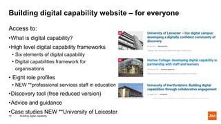 Building digital capability website – for everyone
Building digital capability10
Access to:
•What is digital capability?
•High level digital capability frameworks
• Six elements of digital capability
• Digital capabilities framework for
organisations
• Eight role profiles
• NEW **professional services staff in education
•Discovery tool (free reduced version)
•Advice and guidance
•Case studies NEW **University of Leicester
 