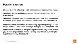 Parallel session
Session 1: Digital wellbeing (Heather Price and Alicja Shah, Jisc)
MAIN ROOM
Session 2: Targeted digital capabilities for a cloud first, mobile first
education (Clare Riley, Mircosoft and Shri Footring, Jisc) Breakout D
Session 3: What's next for Jisc's building digital capability? (Sarah
Knight, and Lisa Gray, senior co-design manager, Jisc) Reception area
Session 4: How the UCISA Digital Capabilities Survey could benefit
you in your organisation (Gillian Fielding, project lead, UCISA Digital
Capabilities Survey) Breakout C
Building digital capability14
Choose 2 of the following 4 x 20 min sessions. Each running twice.
 