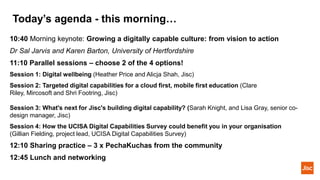 Today’s agenda - this morning…
10:40 Morning keynote: Growing a digitally capable culture: from vision to action
Dr Sal Jarvis and Karen Barton, University of Hertfordshire
11:10 Parallel sessions – choose 2 of the 4 options!
Session 1: Digital wellbeing (Heather Price and Alicja Shah, Jisc)
Session 2: Targeted digital capabilities for a cloud first, mobile first education (Clare
Riley, Mircosoft and Shri Footring, Jisc)
Session 3: What's next for Jisc's building digital capability? (Sarah Knight, and Lisa Gray, senior co-
design manager, Jisc)
Session 4: How the UCISA Digital Capabilities Survey could benefit you in your organisation
(Gillian Fielding, project lead, UCISA Digital Capabilities Survey)
12:10 Sharing practice – 3 x PechaKuchas from the community
12:45 Lunch and networking
 