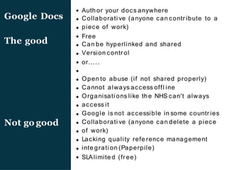 Auth or your docs anywhere
Collaborati ve (anyone can contr ibute to a
piece of work)
Free
Can be hyperlinked and shared
Version contr ol
or.....
Open to abuse (if not shared properly)
Cannot always access offl ine
Organisati ons like th e NHS can't always
access it
Google is not accessible in some countr ies
Collaborati ve (anyone can delete a piece
of work)
Lacking quality refe rence management
inte grati on (Paperpile)
SLAlimite d (fr ee)
Google Docs
The good
Not go good
 