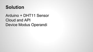 Solution
Arduino + DHT11 Sensor
Cloud and API
Device Modus Operandi
 