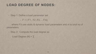 18
LOAD DEGREE OF NODES:
• Step 1: Define a load parameter set
• F = { F1 , F2 ,F3…, Fm}
where Fi’s are static & dynamic load parameters and m is total no of
parameters
• Step 2: Compute the load degree as
Load Degree (N) = ∑
 