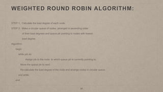 WEIGHTED ROUND ROBIN ALGORITHM:
22
STEP 1: Calculate the load degree of each node.
STEP 2: Make a circular queue of nodes ,arranged in ascending order
of their load degrees and queue ptr pointing to nodes with lowest
load degree.
Algorithm:
begin
while job do
Assign job to the node to which queue ptr is currently pointing to.
Move the queue ptr to next.
Re-calculate the load degree of the node and arrange nodes in circular queue.
end while
end
 