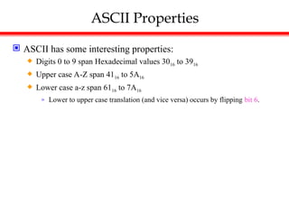 ASCII Properties
 ASCII has some interesting properties:
 Digits 0 to 9 span Hexadecimal values 3016 to 3916
 Upper case A-Z span 4116 to 5A16
 Lower case a-z span 6116 to 7A16
» Lower to upper case translation (and vice versa) occurs by flipping bit 6.
 