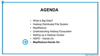 AGENDA
• What is Big Data?
• Hadoop Distributed File System
• MapReduce
• Understanding Hadoop Ecosystem
• Setting up a Hadoop Cluster
• HDFS – Hands On
• MapReduce-Hands On
 