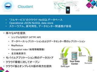 Cloudant
11
• 様々なAPIを提供
 シンプルなREST (HTTP) API
 データベース・レプリケーションおよびデータセンター間のレプリケーション
 MapReduce
 Geospatial index (地理情報関数)
 全文検索索引
• モバイルアプリケーション用のデータストア
• クラウド環境に対してオープン
• クラウド版とオンプレミス版の両方を提供
• “フルサービス”のクラウド・NoSQLデータベース
• Operational JSON NoSQL data store
• スケーラブル、高可用性、データセンター間連携が容易
 
