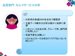 品質部門：セルフサービス分析
• 分析用の高速DWHを全社で構築済
• 大量データ集計は分析は確かに抜群に高
速
• このリソースを自分用、グループ用、部門用
に利用したい
• 別途予算化は難しい
• トライ＆エラーで分析のアイデアをいろいろ
試したい
 
