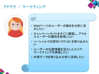 アドテク / マーケティング
• Webページのユーザーの動きを分析に活
かしたい
• キャンペーンサイトをすぐに構築し、アクセ
スユーザーの属性を取得したい
• ソーシャルでの評判（クチコミ）を取り込みた
い
• ユーザーの位置情報を活かしたエリア・
マーケティングを実施したい
• 外部データを取り込み分析に活用したい
 