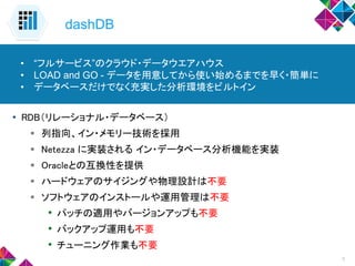 dashDB
• RDB（リレーショナル・データベース）
 列指向、イン・メモリー技術を採用
 Netezza に実装される イン・データベース分析機能を実装
 Oracleとの互換性を提供
 ハードウェアのサイジングや物理設計は不要
 ソフトウェアのインストールや運用管理は不要
• パッチの適用やバージョンアップも不要
• バックアップ運用も不要
• チューニング作業も不要
5
• “フルサービス”のクラウド・データウエアハウス
• LOAD and GO - データを用意してから使い始めるまでを早く・簡単に
• データベースだけでなく充実した分析環境をビルトイン
 