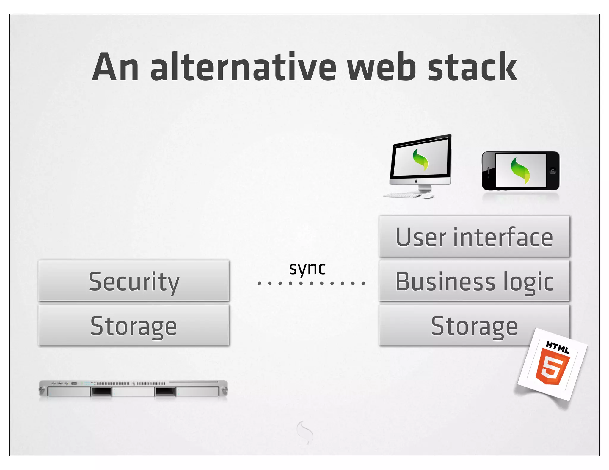 An alternative web stack


                  User interface
           sync
Security          Business logic
Storage              Storage
 