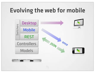 Evolving the web for mobile
              Desktop
  Switchers



               Mobile
               REST
                        JSO    on
    Controllers            N
                                 ce

              Models
 