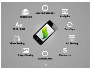 Location Services
        Adaptation                         Analytics



   Web Fonts                                   Data Sync




Video Serving                                   Ad Serving



       Image Serving
                                             $
                                           Commerce
                        Network APIs
 