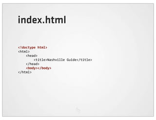 index.html

<!doctype	
  html>
<html>
	
  	
  	
  	
  <head>
	
  	
  	
  	
  	
  	
  	
  	
  <title>Nashville	
  Guide</title>
	
  	
  	
  	
  </head>
                <body></body>
</html>
 