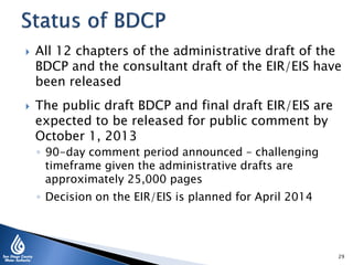  All 12 chapters of the administrative draft of the
BDCP and the consultant draft of the EIR/EIS have
been released
 The public draft BDCP and final draft EIR/EIS are
expected to be released for public comment by
October 1, 2013
◦ 90-day comment period announced – challenging
timeframe given the administrative drafts are
approximately 25,000 pages
◦ Decision on the EIR/EIS is planned for April 2014
29
 