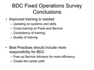 BDC Fixed Operations Survey
          Conclusions
• Improved training is needed
  –   Updating on systems and skills
  –   Cross training on Parts and Service
  –   Consistency of training
  –   Quality of training


• Best Practices should include more
  responsibility for BDC
  – Free up Service Advisors for more efficiency
  – Create the career path
 