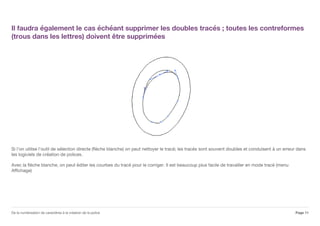 Il faudra également le cas échéant supprimer les doubles tracés ; toutes les contreformes
(trous dans les lettres) doivent être supprimées
Si l'on utilise l'outil de sélection directe (flèche blanche) on peut nettoyer le tracé; les tracés sont souvent doubles et conduisent à un erreur dans
les logiciels de création de polices.
Avec la flèche blanche, on peut éditer les courbes du tracé pour le corriger. Il est beaucoup plus facile de travailler en mode tracé (menu
Affichage)
Page 11De la numérisation de caractères à la création de la police
 