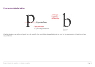 Placement de la lettre
il faut la déplacer manuellement sur la ligne de base (le 0 en pointillé) en laissant déborder un peu les formes courbes et franchement les
descendantes
Page 16De la numérisation de caractères à la création de la police
 