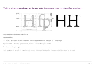 Voici la structure globale des lettres avec les valeurs pour un caractère standard
Donc Ascender, ascendante, hampe = A
Caps height = C
X = hauteur d'X, soit la hauteur d'une lettre minuscule sans hampe ou jambage, un x par exemple...
Ligne pointillée = baseline, ligne courante, de base, sur laquelle repose la lettre
D = descendante, jambage
Ceci vaut pour un caractère à empattements comme ci-dessus mais peut être radicalement différent pour les scriptes.
Page 18De la numérisation de caractères à la création de la police
 