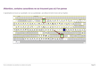 Attention, certains caractères ne se trouvent pas où l'on pense
L'apostrophe se trouve sur quoteright, non sur quotesingle ; par ailleurs le trait d'union est sur hyphen.
Page 31De la numérisation de caractères à la création de la police
 