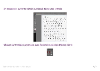 en Illustrator, ouvrir le fichier numérisé (toutes les lettres)
Cliquer sur l'image numérisée avec l'outil de sélection (flèche noire)
Page 4De la numérisation de caractères à la création de la police
 