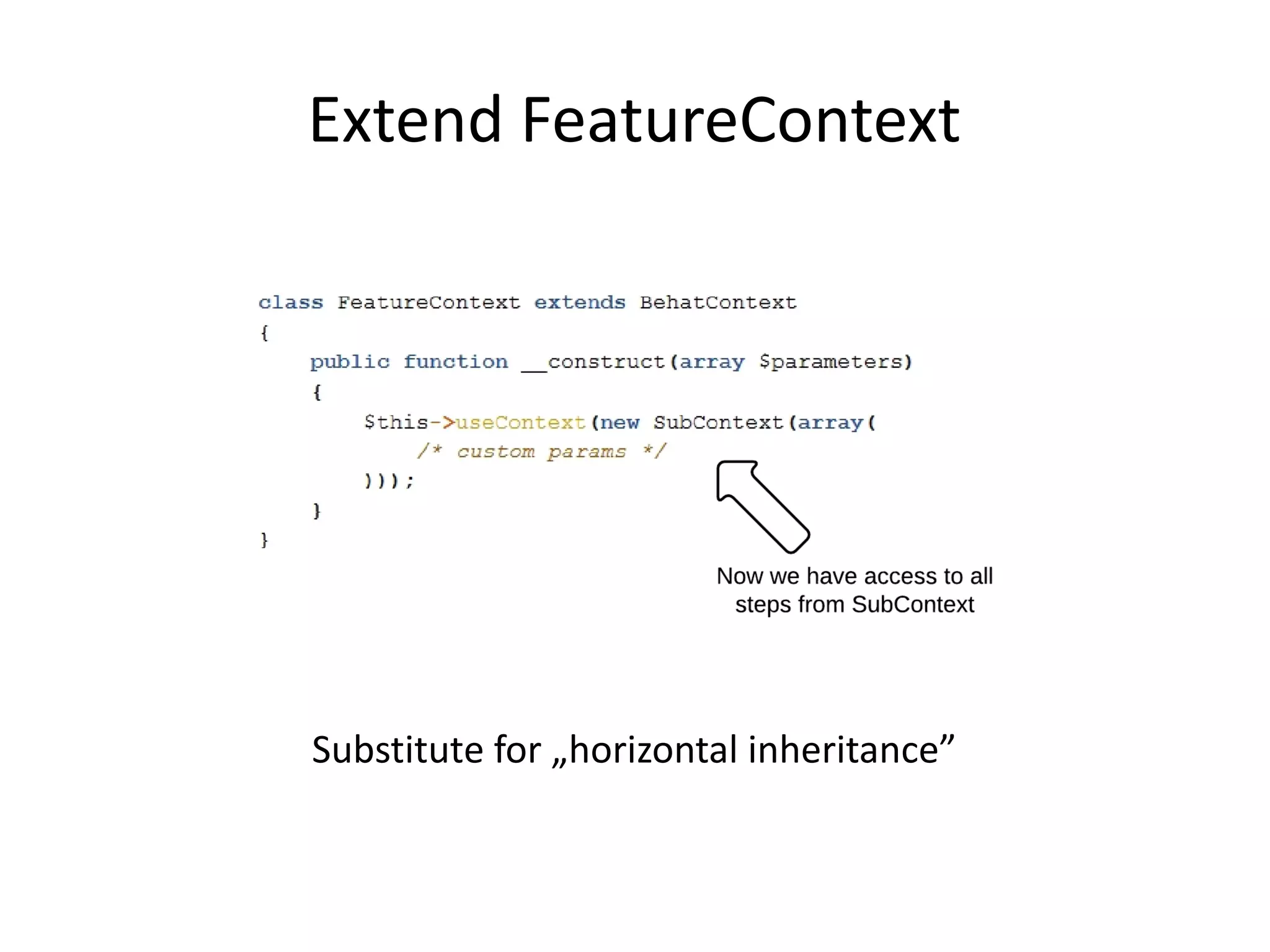 Extend FeatureContext
Substitute for „horizontal inheritance”