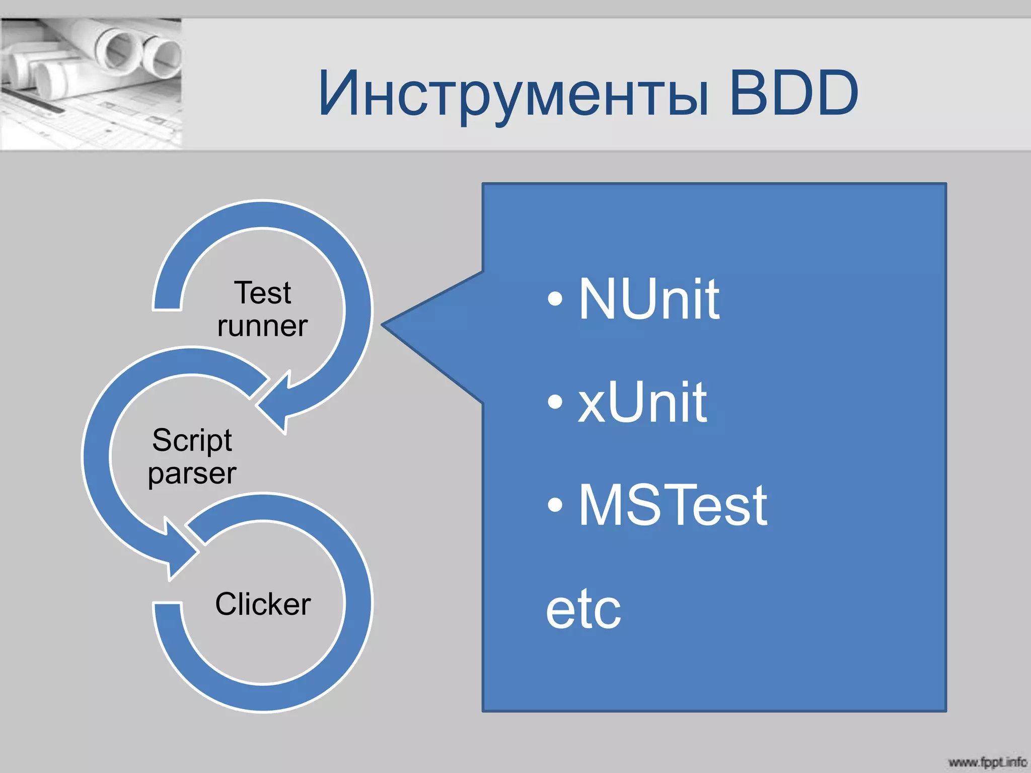 Инструменты BDD
Test
runner
Script
parser
Clicker
• NUnit
• xUnit
• MSTest
etc
 