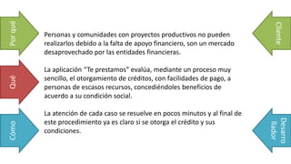 Personas y comunidades con proyectos productivos no pueden
realizarlos debido a la falta de apoyo financiero, son un mercado
desaprovechado por las entidades financieras.
La aplicación “Te prestamos” evalúa, mediante un proceso muy
sencillo, el otorgamiento de créditos, con facilidades de pago, a
personas de escasos recursos, concediéndoles beneficios de
acuerdo a su condición social.
La atención de cada caso se resuelve en pocos minutos y al final de
este procedimiento ya es claro si se otorga el crédito y sus
condiciones.
PorquéQuéCómo
Cliente
Desarro
llador
 